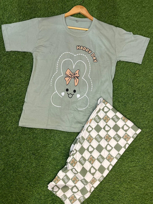 Olive Green Printed Night Suit