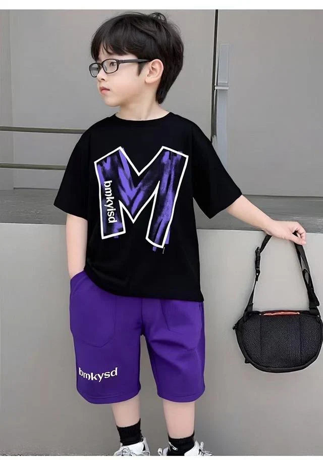 Black & Purple Printed Kids Short Set