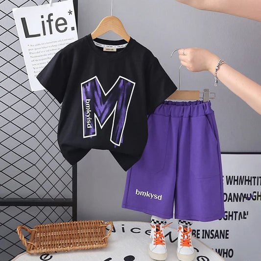 Black & Purple Printed Kids Short Set