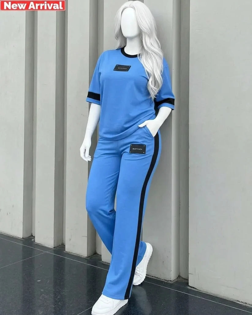 Blue Elegant Round Neck Penal Co-Ord Set