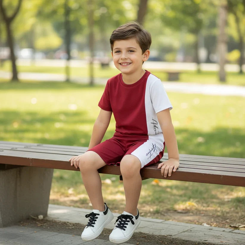 Maroon Signature Printed Kids Short Set (Each)