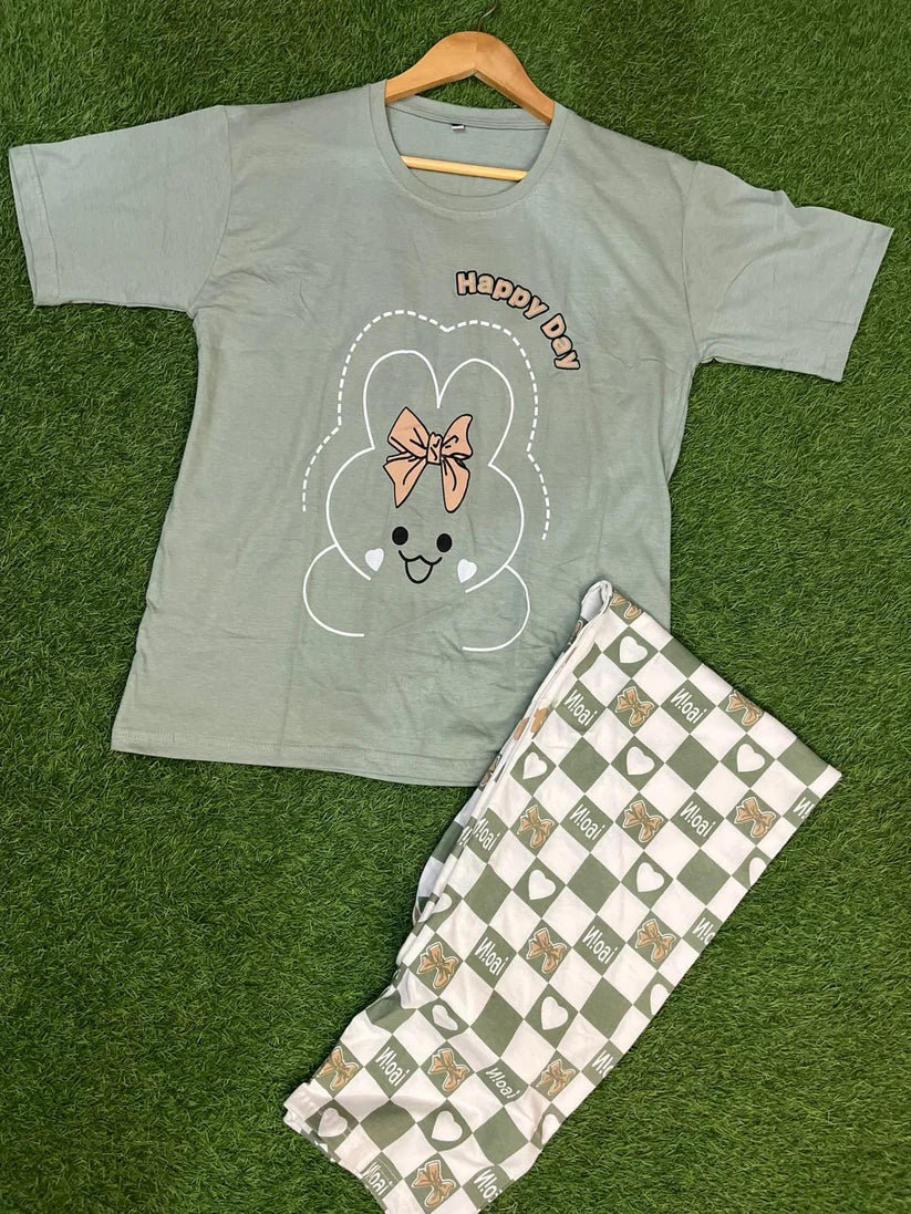 Olive Green Printed Night Suit