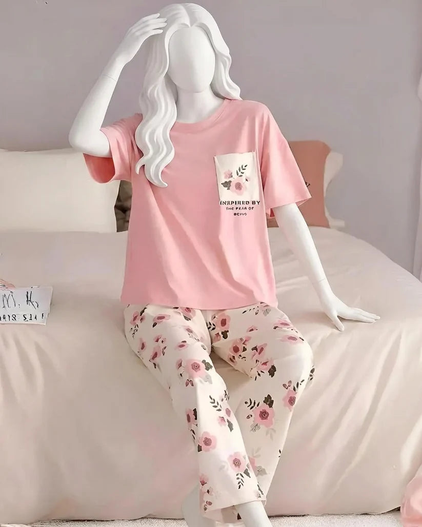 Pink Flower Printed Night Suit