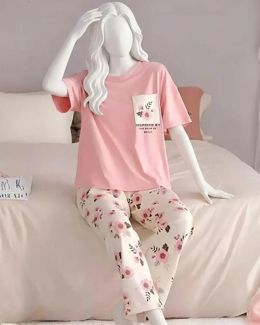 Pink Flower Printed Night Suit